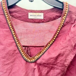 Megan Park Beaded Silk Boho Blouse Size0 XS Purple Artisan Embellished Tunic Top